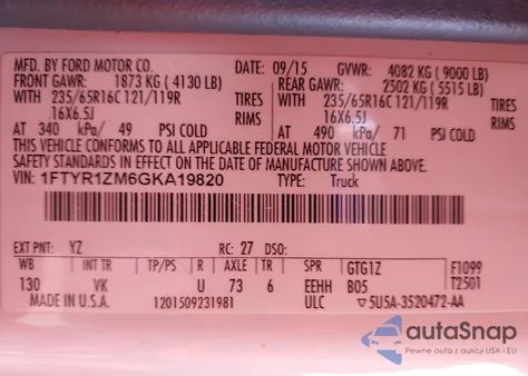 2016 Ford Transit-250 из США, поврежденный, VIN 1FTYR1ZM6GKA19820